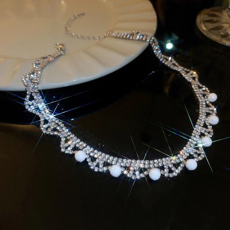 Sparkling Rhinestone Pearl Round Necklace for Women