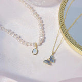 Irregular Pearl Opal Necklace 14K Butterfly Clavicle Chain Choker