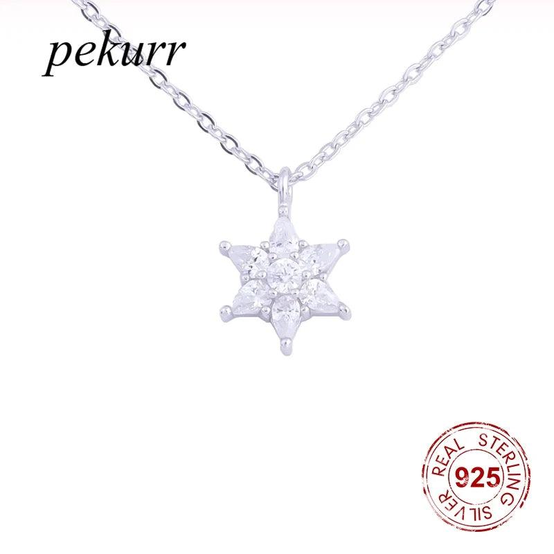 925 Silver Hexagonal Star Snowflake Zircon Necklaces Women Silver Chain Pendants