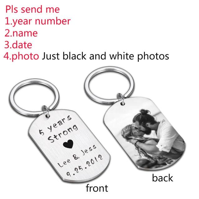 Personalized Couple Keychain Photo Stainless Steel Engraved Name Date