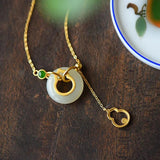 Silver Inlaid Hetian Jade Gourd Pendant Necklace Chinese Retro Craft