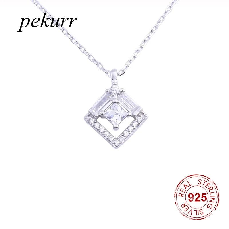 925 Silver Zircon Square Necklace Women Geometric Chain Pendant