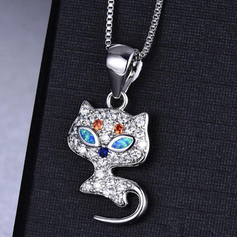 925 Silver Box Chain Necklace Cat Pendant Opal Zirconia Jewelry