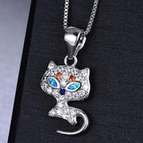 925 Silver Box Chain Necklace Cat Pendant Opal Zirconia Jewelry