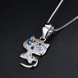 925 Silver Box Chain Necklace Cat Pendant Opal Zirconia Jewelry