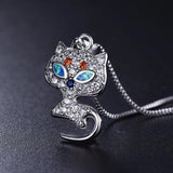 925 Silver Box Chain Necklace Cat Pendant Opal Zirconia Jewelry