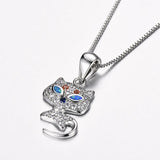 925 Silver Box Chain Necklace Cat Pendant Opal Zirconia Jewelry