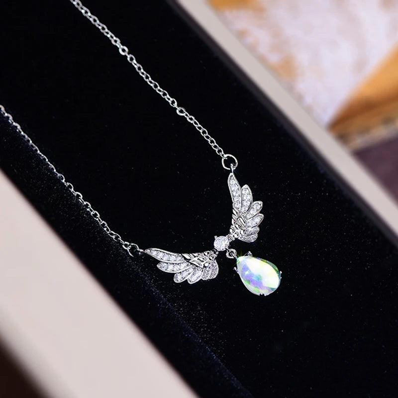 Colourful Crystal Angel Wings Necklace High Thin Clavicle Chain Jewelry