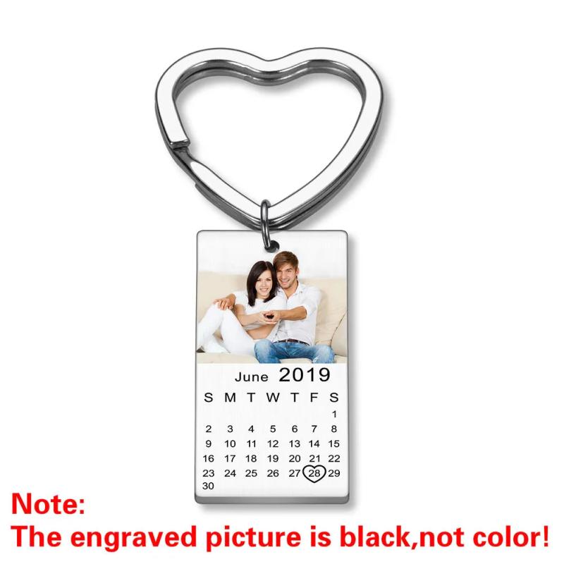Personalized Calendar Photo Keychain Engraved Date Text Stainless Steel Keyring