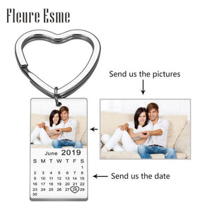 Personalized Calendar Photo Keychain Engraved Date Text Stainless Steel Keyring
