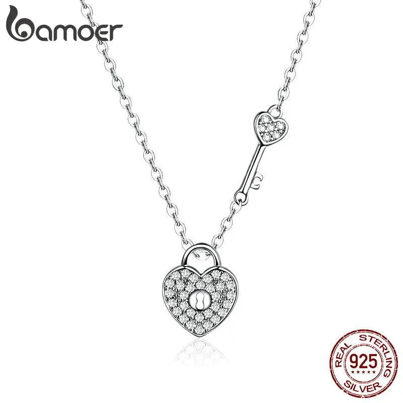 925 Silver Love Heart Lock & Key Pendant Necklace Women Wedding Jewelry