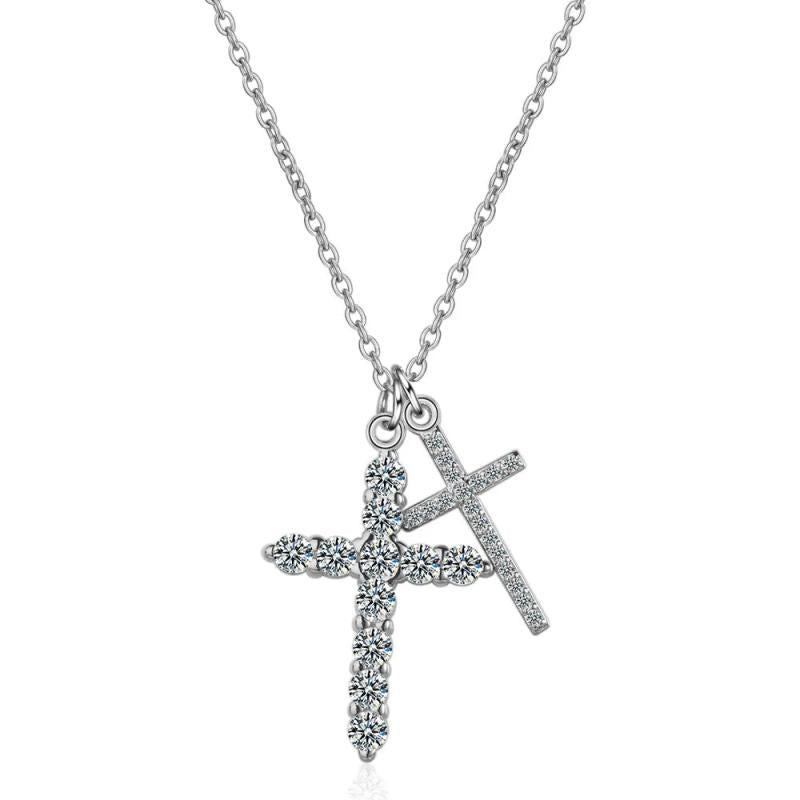 925 Silver Double Cross Zircon Chain Necklace for Women
