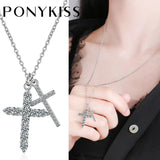 925 Silver Double Cross Zircon Chain Necklace for Women