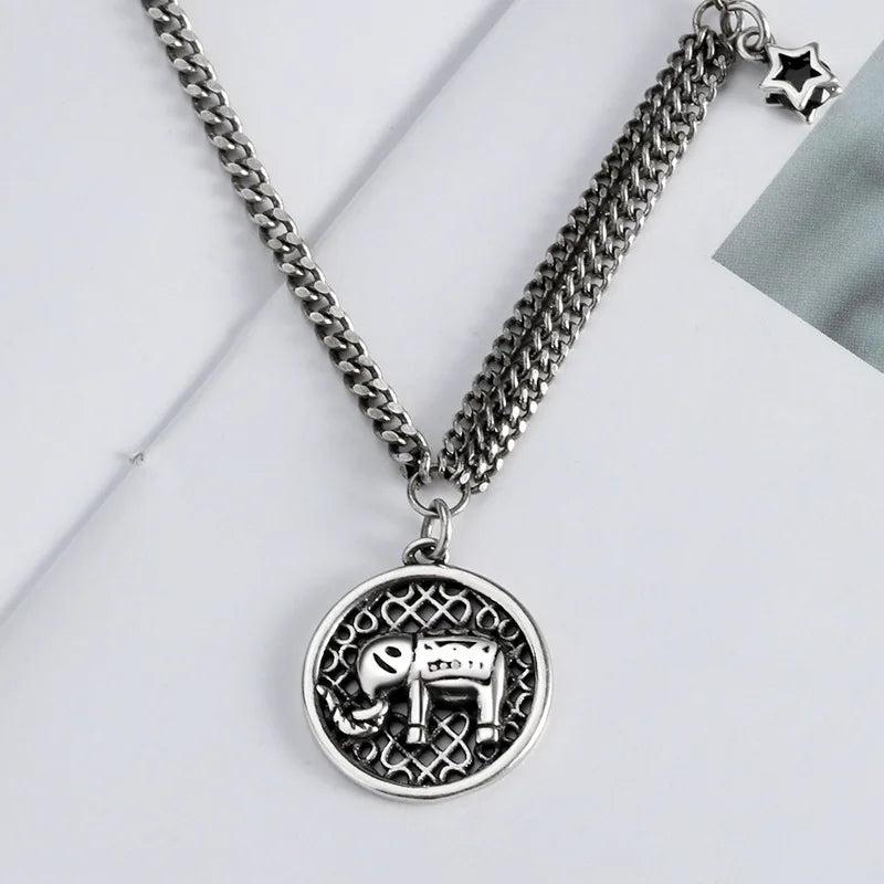 925 Sterling Silver Elephant Round Pendant Necklace