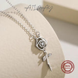 925 Silver Rose Flower Pendant Zircon Necklace Wedding Jewelry