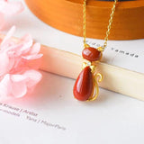 Silver inlaid red tourmaline Cat Pendant Necklace