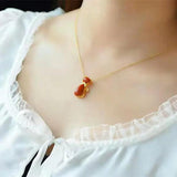 Silver inlaid red tourmaline Cat Pendant Necklace