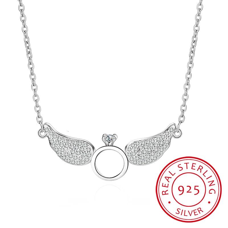 925 Sterling Silver Angel Wings Pendant Necklace With Cubic Zirconia Circle