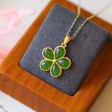 Chinese Retro Silver Inlaid Jade Flower Pendant Necklace