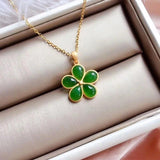 Chinese Retro Silver Inlaid Jade Flower Pendant Necklace