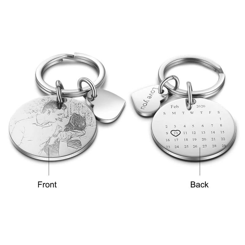 Personalized Calendar Keychain Stainless Steel Photo Keyring