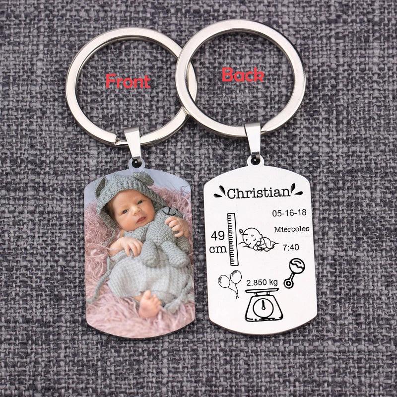 Engraved Baby Stats Photo Keychain Charm Personalized Dad Mom Gift