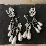 Vintage Rhinestone Pearl Tassel Chain Earrings Ear Clips Wedding Jewelry