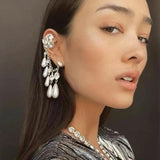 Vintage Rhinestone Pearl Tassel Chain Earrings Ear Clips Wedding Jewelry