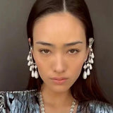 Vintage Rhinestone Pearl Tassel Chain Earrings Ear Clips Wedding Jewelry