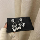 Vintage Rhinestone Pearl Tassel Chain Earrings Ear Clips Wedding Jewelry