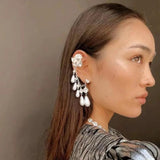 Vintage Rhinestone Pearl Tassel Chain Earrings Ear Clips Wedding Jewelry