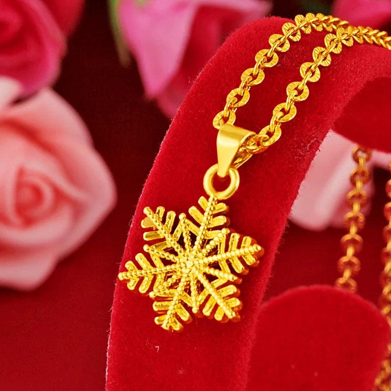 24k Pure Yellow Snowflake Pendant Chocker Chain Necklace