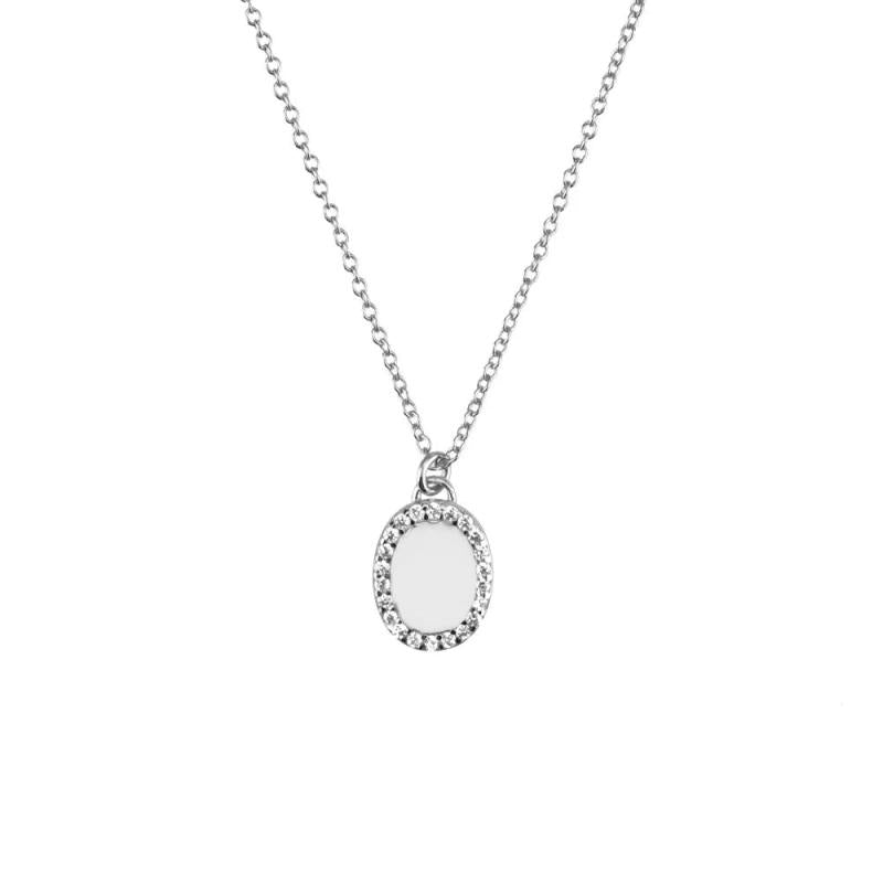 925 Silver Oval Pendant Necklace Clear Zircon Jewels