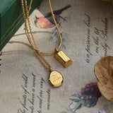 Vintage Square Brick Pea Pendant Necklace 14k Plated Chain Choker Jewelry