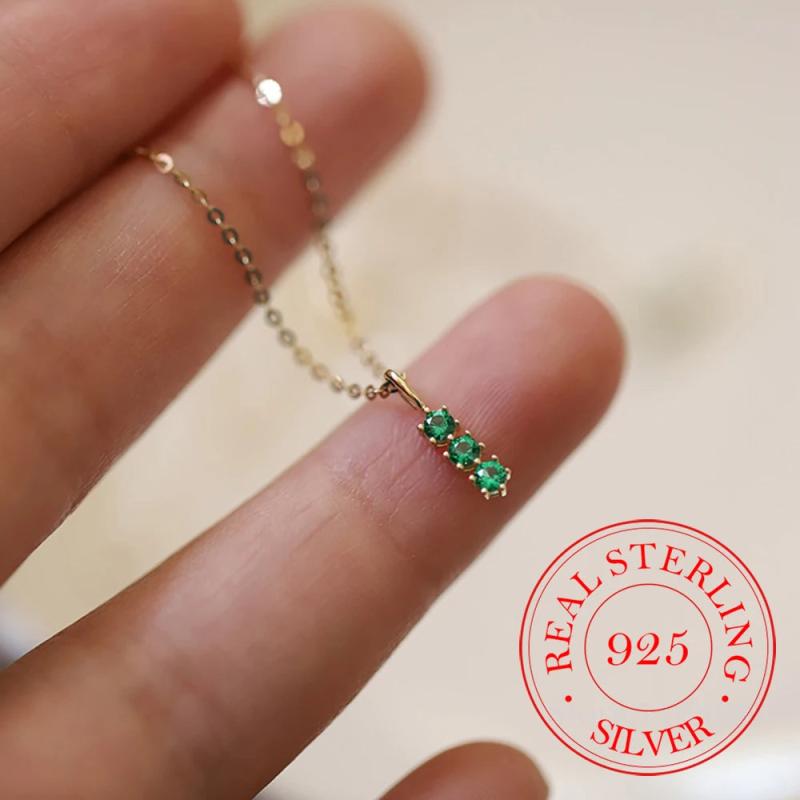 925 Silver Emerald Zircon Choker Necklace Pendant 14K Plated