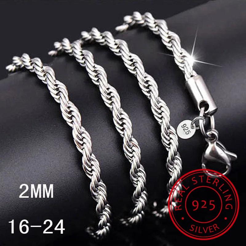 Unisex 925 Sterling Silver Chain Necklace 4MM Rope Chain