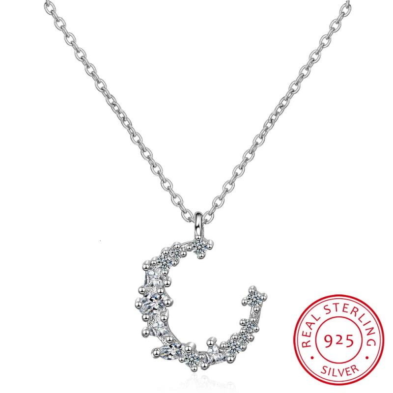 Irregular Crescent 925 Silver Moon Crystal Pendant Necklace