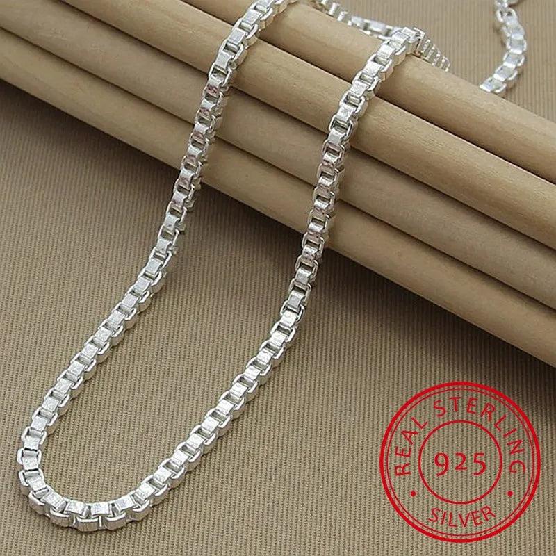 925 Silver Box Chain Necklace 4MM Width Fine Jewelry