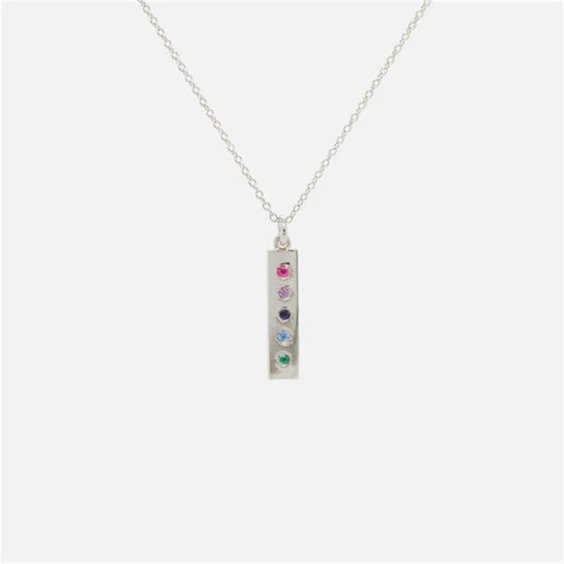 925 Silver Square Rainbow Gems Months Pendant Long Chain Necklace Women