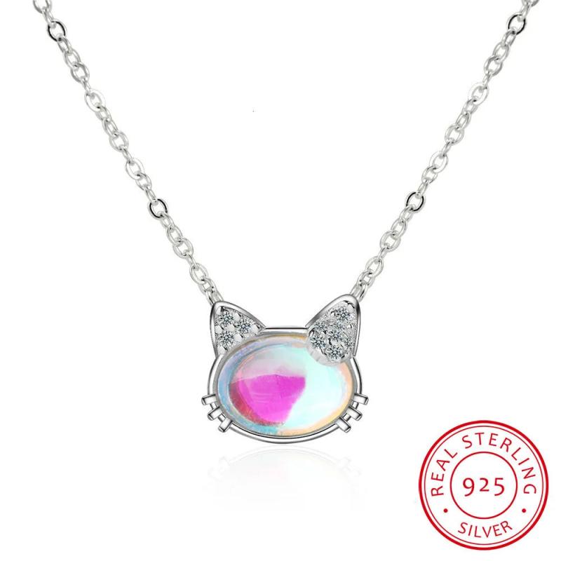 Cat Moonstone Necklace 925 Sterling Silver Clavicular Chain
