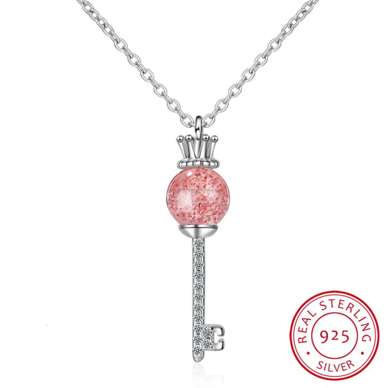 925 Silver Strawberry Crystal Crown Key Necklace