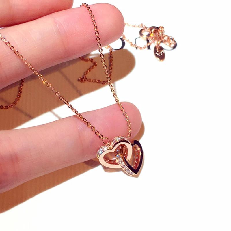 Double Heart Necklace CZ Zircon Love Chain Koyle Wedding Pendant