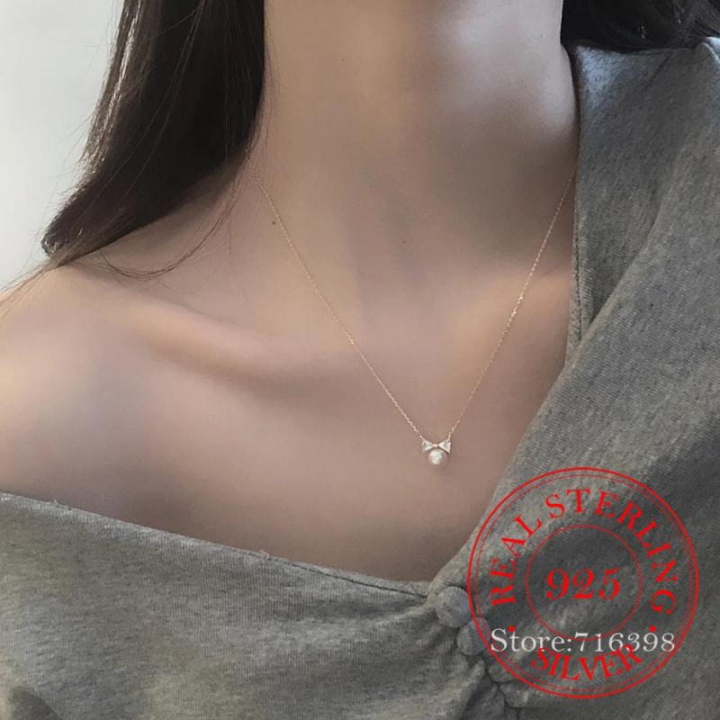 925 Silver Bowknot Pearl Choker Necklace 14K Plated