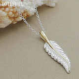 925 Silver Leaves Feather Necklace 18 Inch Chain Women Wedding Engagement Charm