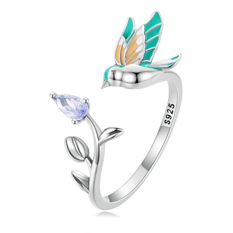 925 Silver Bird Flower Lily Valley Open Ring Fine Jewelry Gift