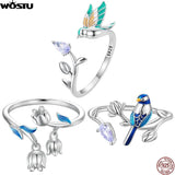 925 Silver Bird Flower Lily Valley Open Ring Fine Jewelry Gift
