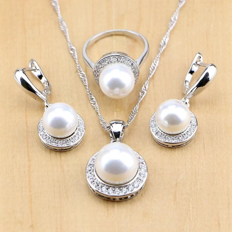 Pearl & Beads 925 Sterling Silver Jewelry Sets Drop Earrings Rings Necklace Set