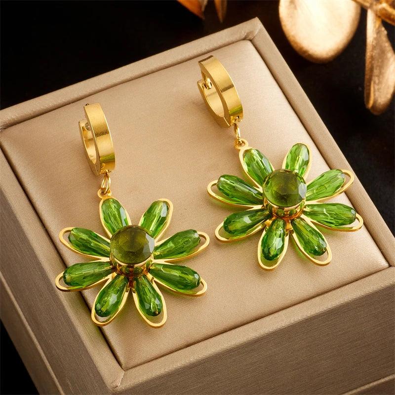 Exaggerated Green Zircon Flower Drop Earrings for Women