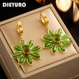 Exaggerated Green Zircon Flower Drop Earrings for Women