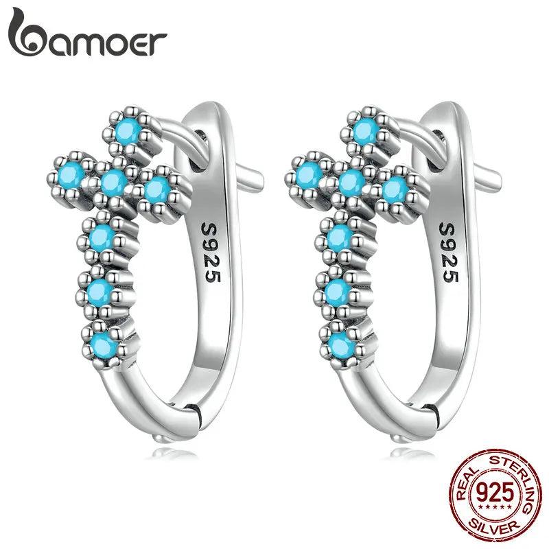 925 Silver Turquoise Cross Ear Buckles Hoop Earrings